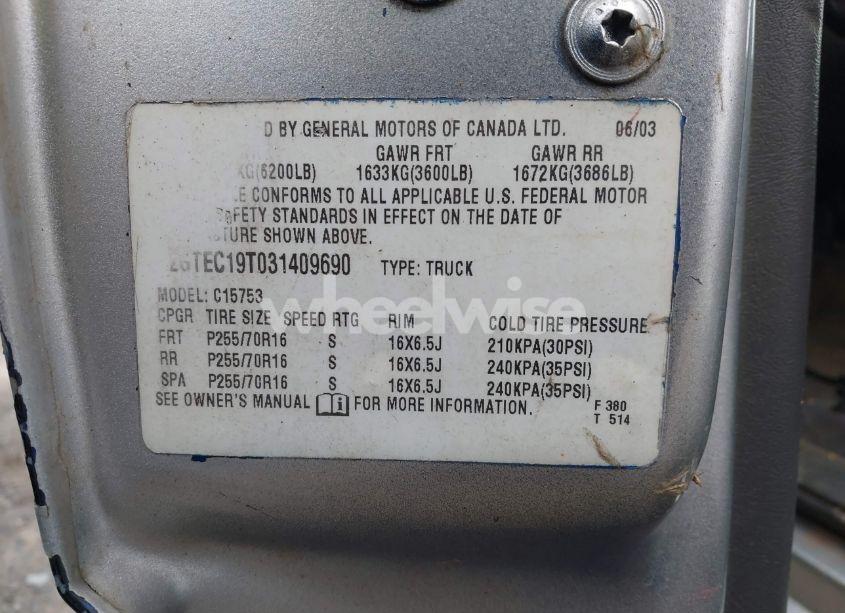 Photo 9 of 2003 Gmc Sierra 1500 SLE (VIN 2GTEC19T031409690)