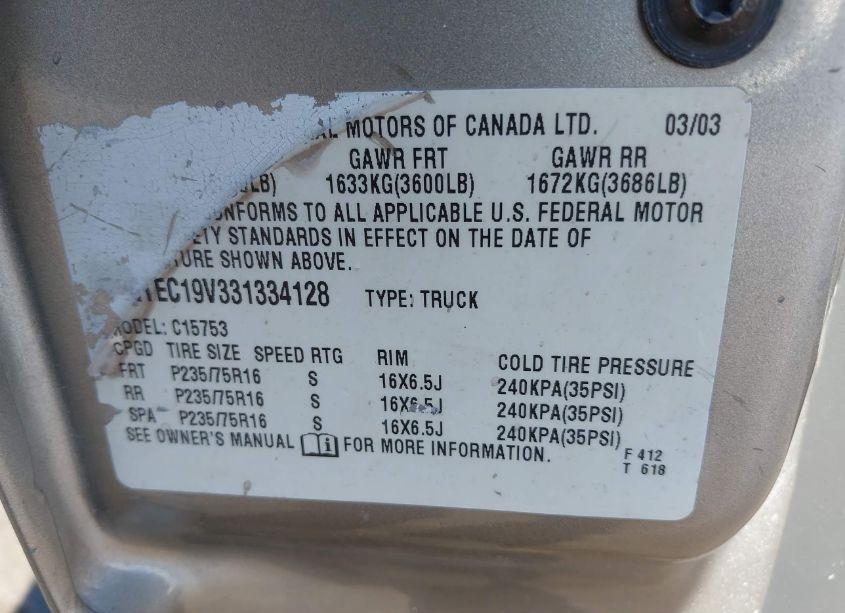 Photo 8 of 2003 Gmc Sierra 1500 (VIN 2GTEC19V331334128)