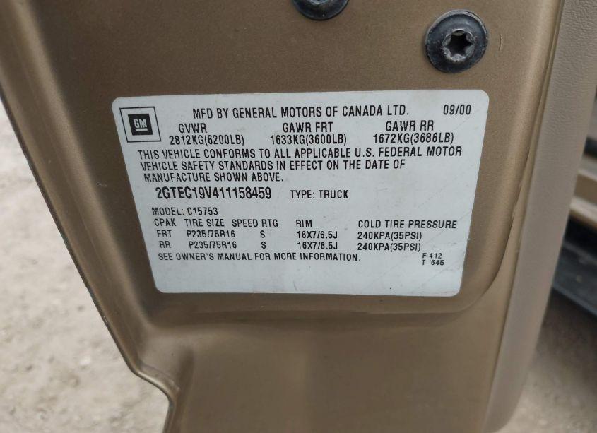 Photo 9 of 2001 Gmc Sierra 1500 SLE (VIN 2GTEC19V411158459)