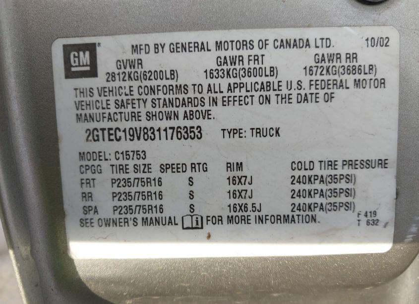 Photo 9 of 2003 Gmc Sierra 1500 SLE (VIN 2GTEC19V831176353)