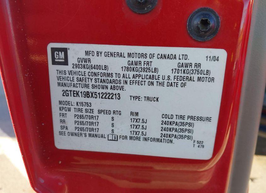 Photo 9 of 2005 Gmc Sierra 1500 SLE (VIN 2GTEK19BX51222213)