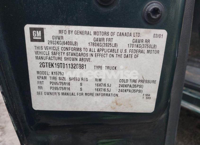 Photo 9 of 2001 Gmc Sierra 1500 SLE (VIN 2GTEK19T011320881)