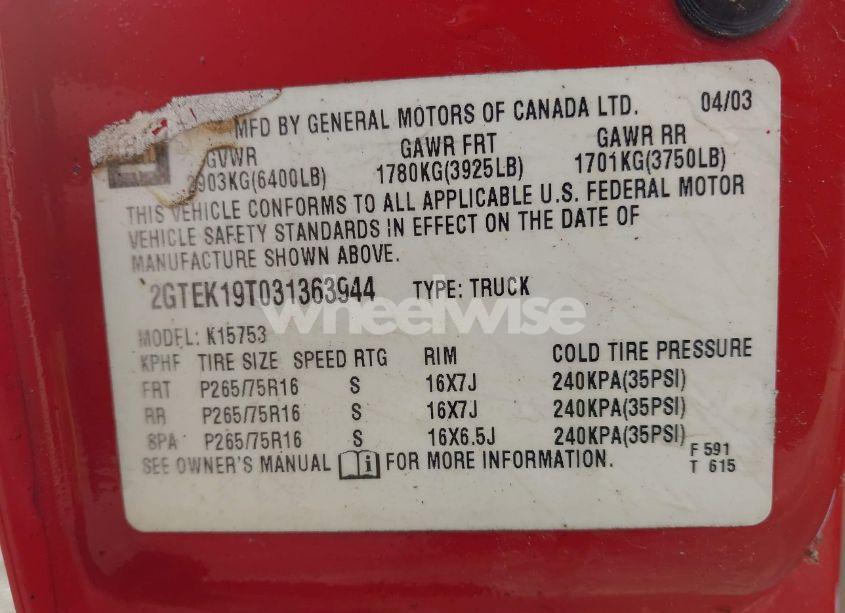 Photo 9 of 2003 Gmc Sierra 1500 SLE (VIN 2GTEK19T031363944)