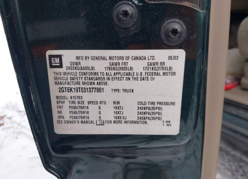 Photo 9 of 2003 Gmc Sierra 1500 SLE (VIN 2GTEK19T031377861)