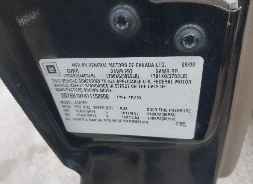 Photo 9 of 2001 Gmc Sierra 1500 SLE (VIN 2GTEK19T411158608)