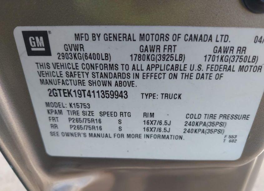 Photo 9 of 2001 Gmc Sierra 1500 SLE (VIN 2GTEK19T411359943)