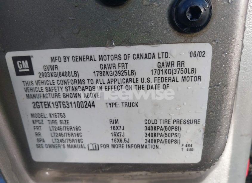 Photo 9 of 2003 Gmc Sierra 1500 SLE (VIN 2GTEK19T631100244)