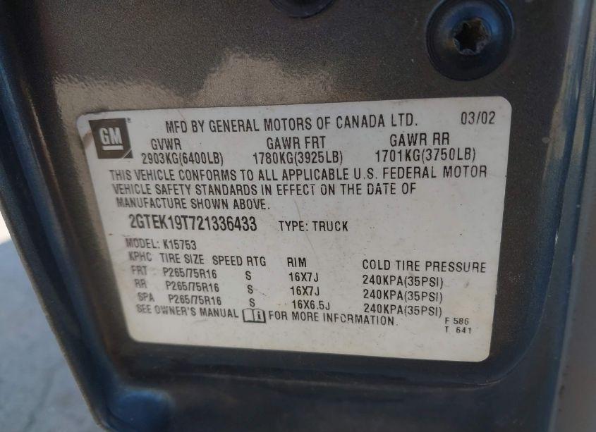 Photo 9 of 2002 Gmc Sierra 1500 SLE (VIN 2GTEK19T721336433)