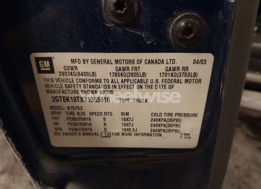 Photo 9 of 2003 Gmc Sierra 1500 SLE (VIN 2GTEK19TX31355916)