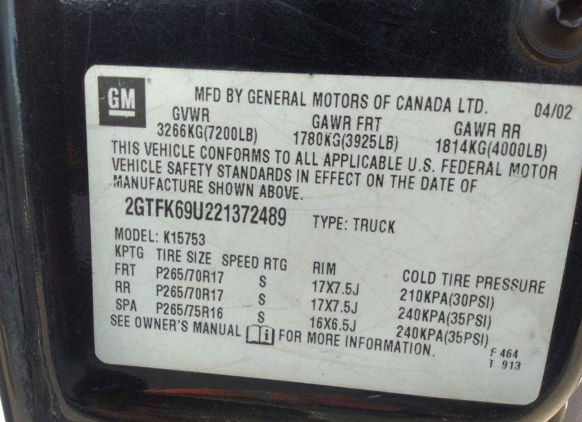 Photo 9 of 2002 Gmc Sierra 1500 DENALI (VIN 2GTFK69U221372489)