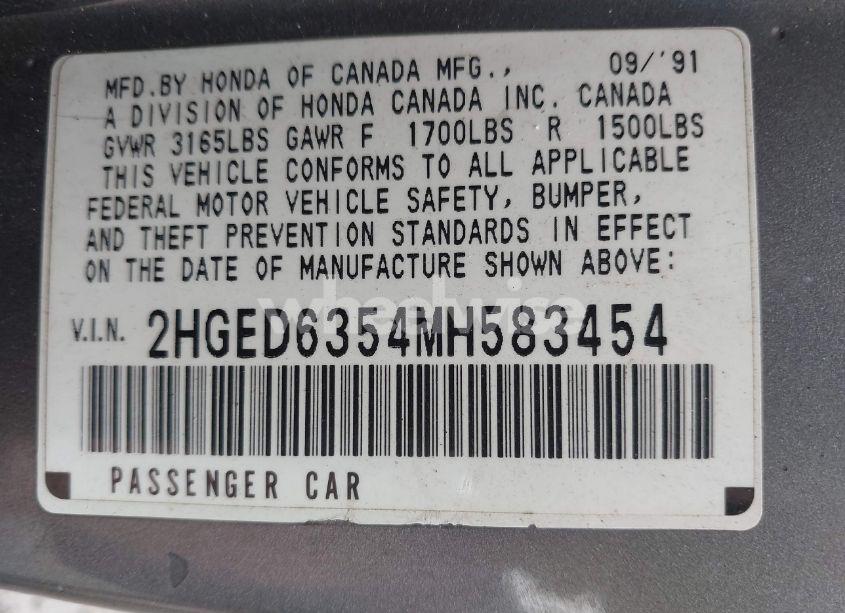 Photo 9 of 1991 Honda Civic DX (VIN 2HGED6354MH583454)