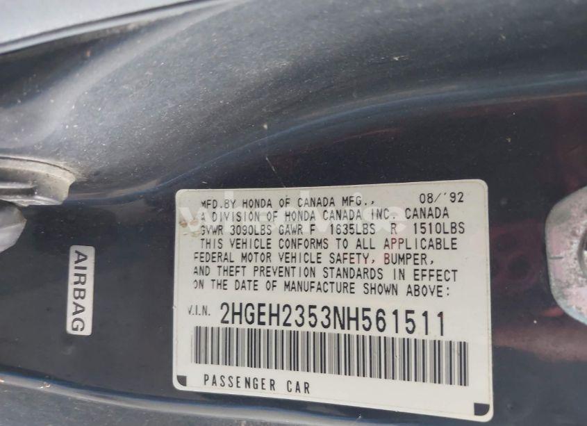 Photo 9 of 1992 Honda Civic DX (VIN 2HGEH2353NH561511)