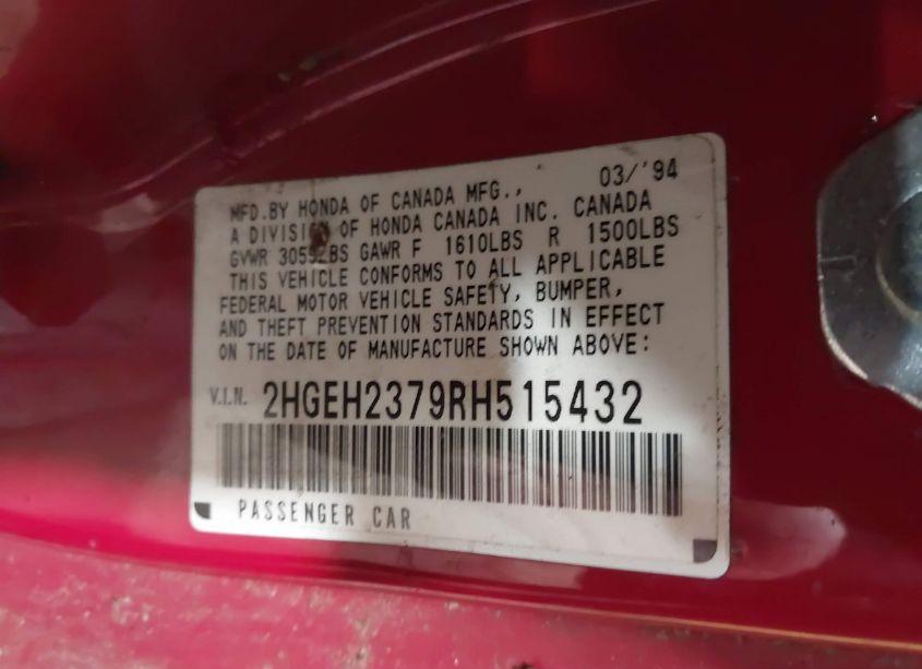 Photo 9 of 1994 Honda Civic VX (VIN 2HGEH2379RH515432)