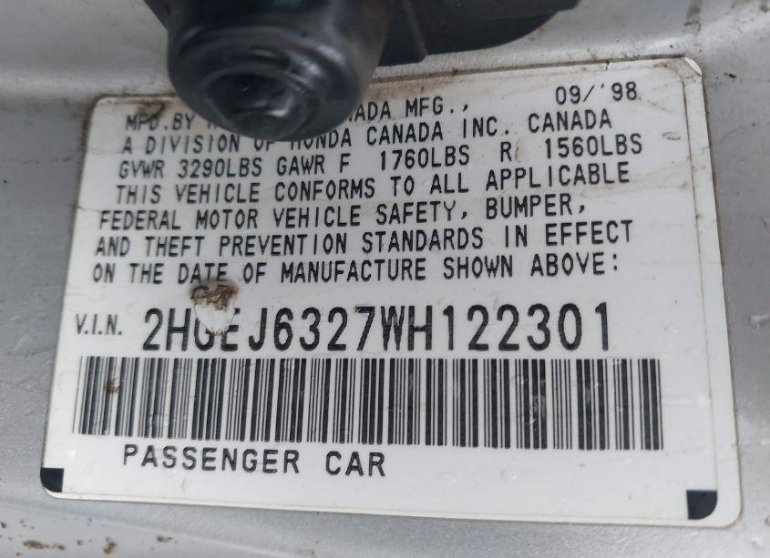 Photo 9 of 1998 Honda Civic CX (VIN 2HGEJ6327WH122301)