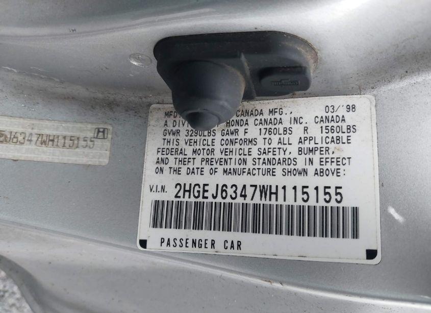 Photo 9 of 1998 Honda Civic DX (VIN 2HGEJ6347WH115155)