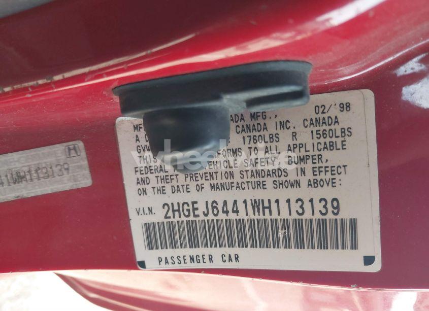 Photo 9 of 1998 Honda Civic DX (VIN 2HGEJ6441WH113139)