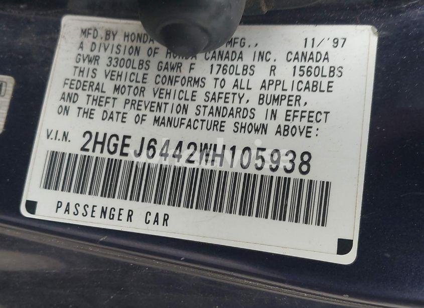 Photo 9 of 1998 Honda Civic DX (VIN 2HGEJ6442WH105938)