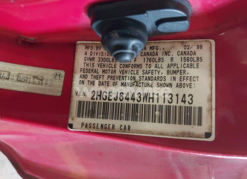 Photo 9 of 1998 Honda Civic DX (VIN 2HGEJ6443WH113143)