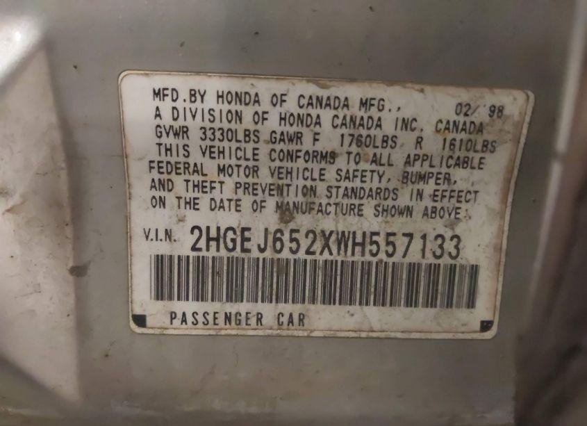 Photo 9 of 1998 Honda Civic DX (VIN 2HGEJ652XWH557133)