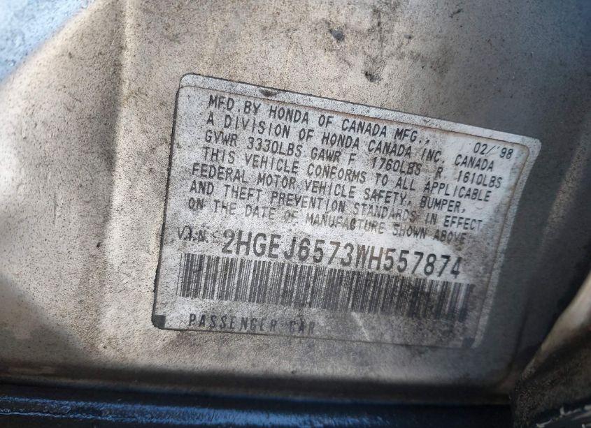 Photo 9 of 1998 Honda Civic LX (VIN 2HGEJ6573WH557874)