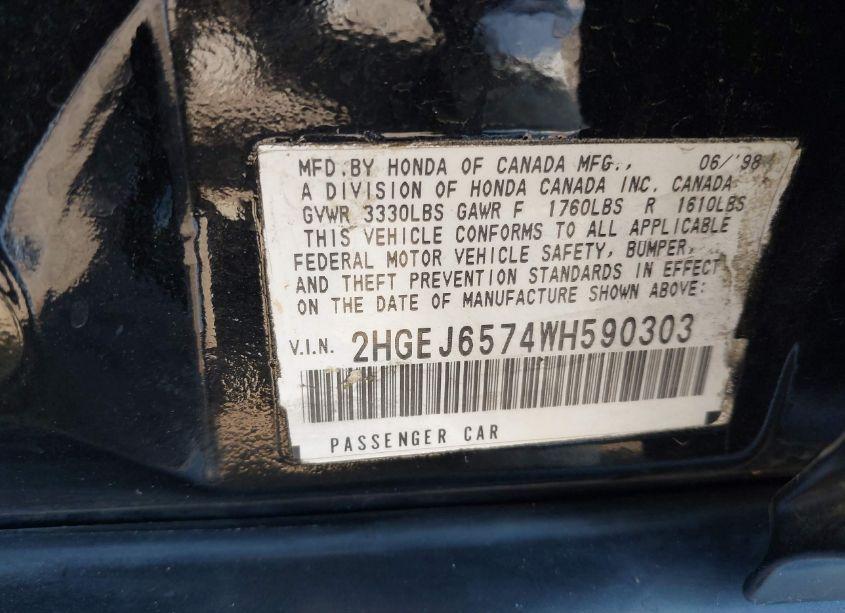 Photo 9 of 1998 Honda Civic LX (VIN 2HGEJ6574WH590303)