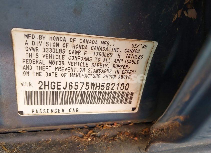 Photo 9 of 1998 Honda Civic LX (VIN 2HGEJ6575WH582100)