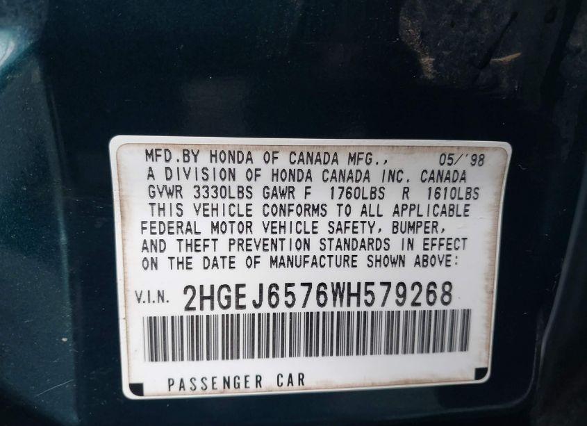 Photo 9 of 1998 Honda Civic LX (VIN 2HGEJ6576WH579268)