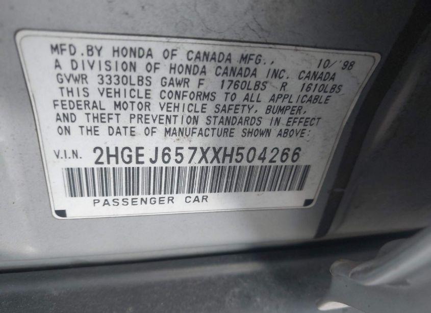 Photo 9 of 1999 Honda Civic LX (VIN 2HGEJ657XXH504266)