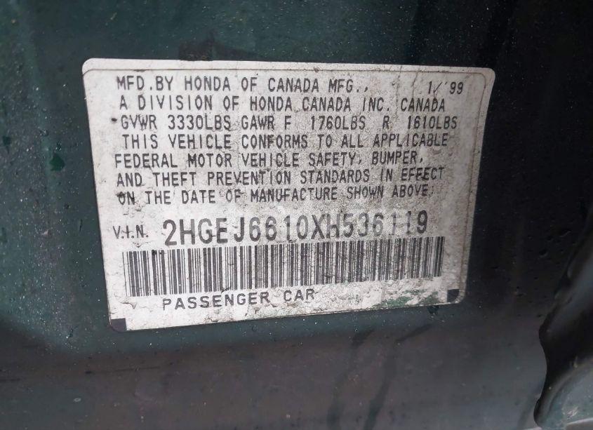 Photo 9 of 1999 Honda Civic VALUE PACKAGE (VIN 2HGEJ6610XH536119)