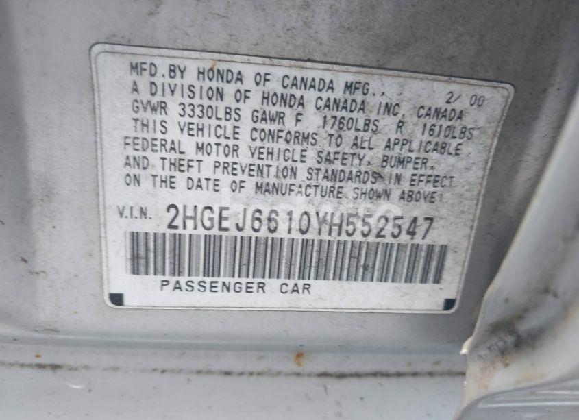 Photo 9 of 2000 Honda Civic VALUE PACKAGE (VIN 2HGEJ6610YH552547)