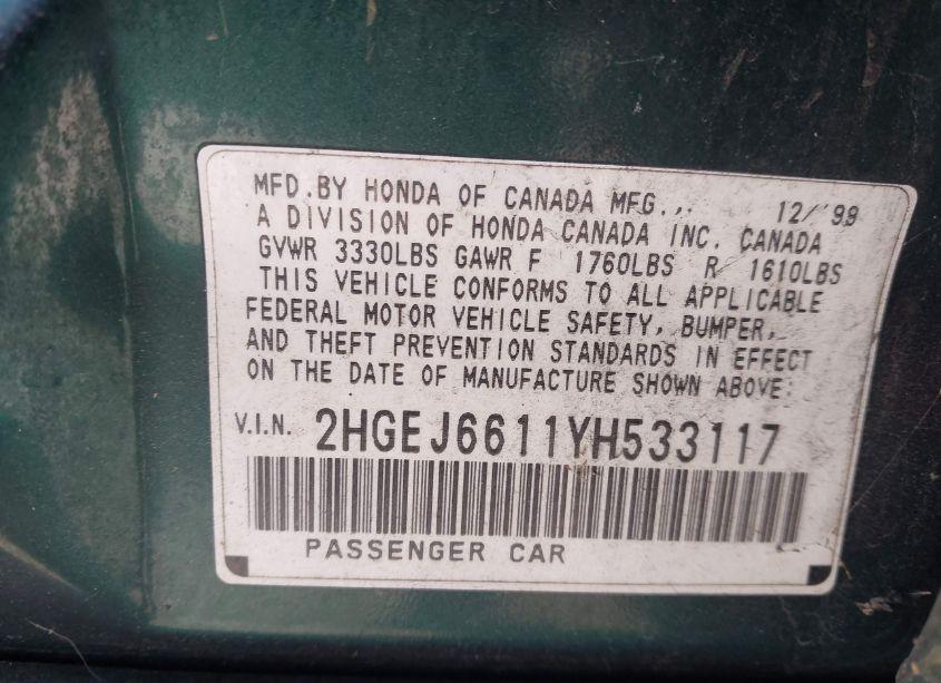 Photo 9 of 2000 Honda Civic VALUE PACKAGE (VIN 2HGEJ6611YH533117)