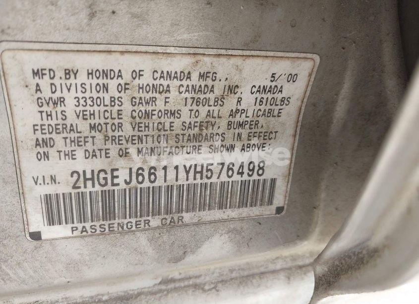 Photo 9 of 2000 Honda Civic VALUE PACKAGE (VIN 2HGEJ6611YH576498)