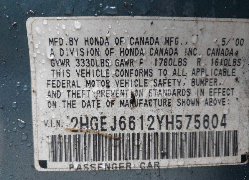 Photo 9 of 2000 Honda Civic VALUE PACKAGE (VIN 2HGEJ6612YH575604)