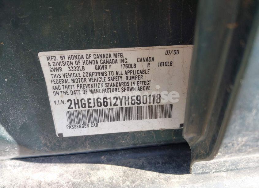 Photo 9 of 2000 Honda Civic VALUE PACKAGE (VIN 2HGEJ6612YH590118)