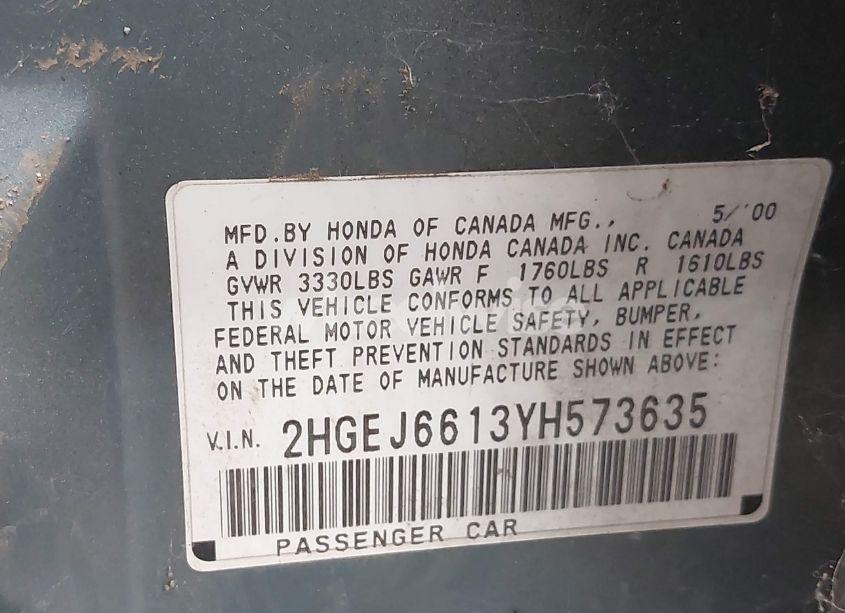 Photo 9 of 2000 Honda Civic VALUE PACKAGE (VIN 2HGEJ6613YH573635)