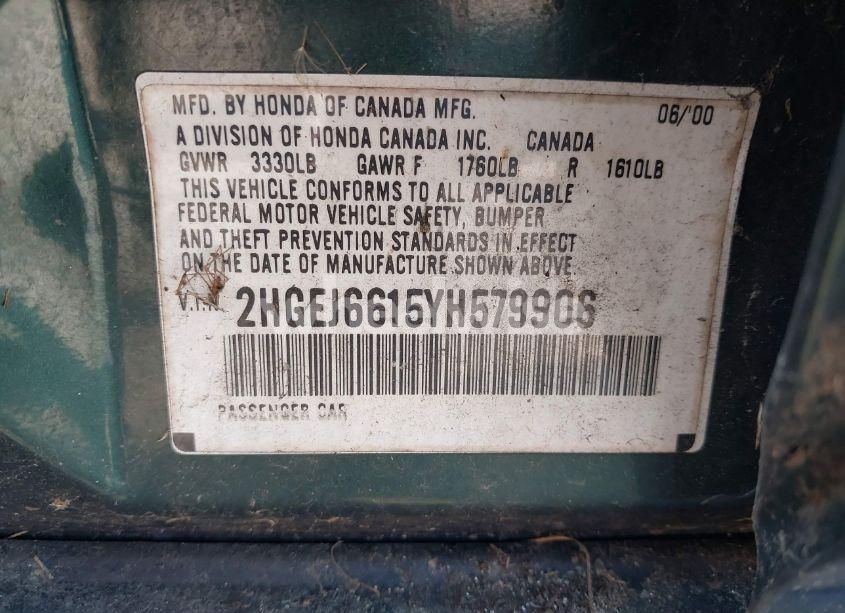 Photo 9 of 2000 Honda Civic VALUE PACKAGE (VIN 2HGEJ6615YH579906)