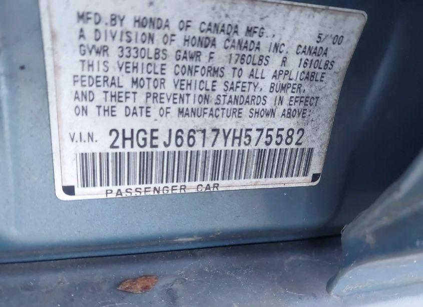 Photo 9 of 2000 Honda Civic VALUE PACKAGE (VIN 2HGEJ6617YH575582)
