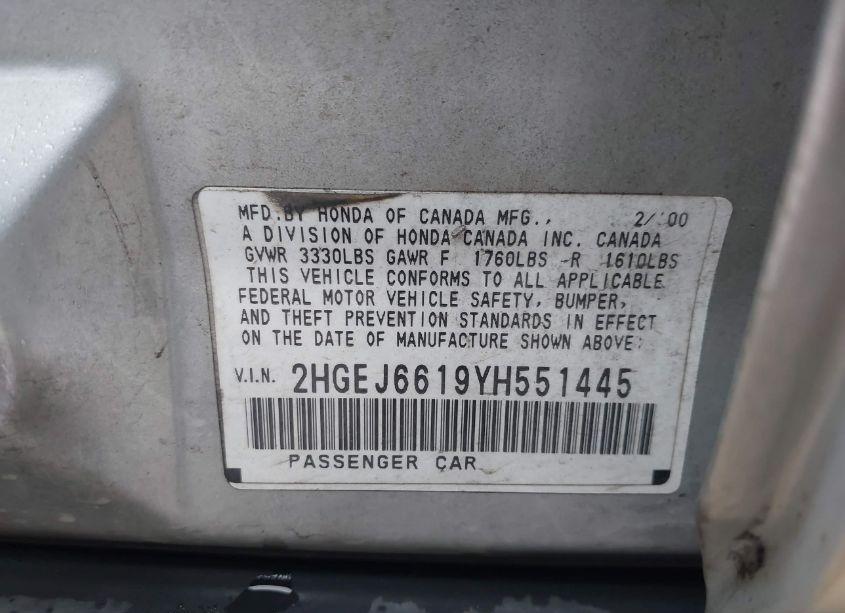 Photo 9 of 2000 Honda Civic VALUE PACKAGE (VIN 2HGEJ6619YH551445)