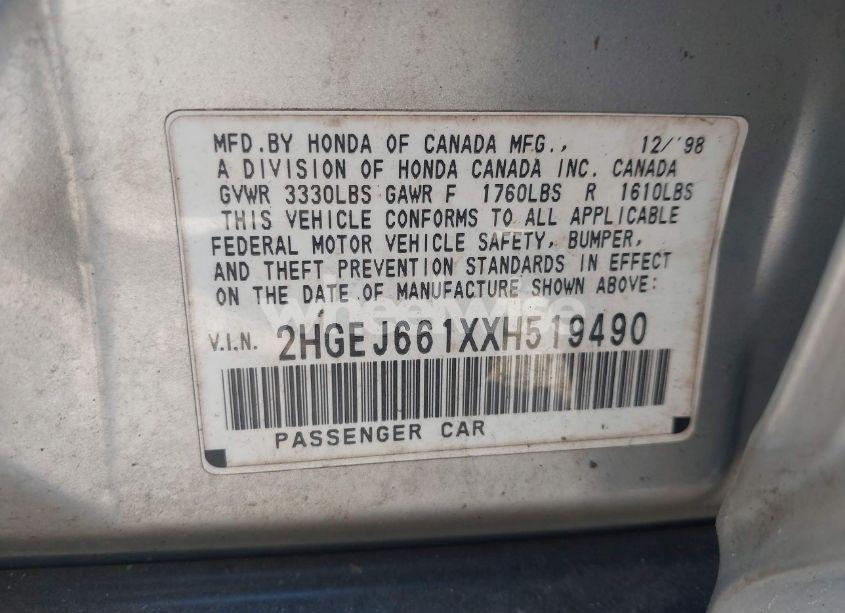 Photo 9 of 1999 Honda Civic VALUE PACKAGE (VIN 2HGEJ661XXH519490)