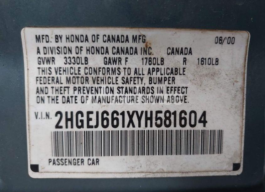 Photo 9 of 2000 Honda Civic VALUE PACKAGE (VIN 2HGEJ661XYH581604)
