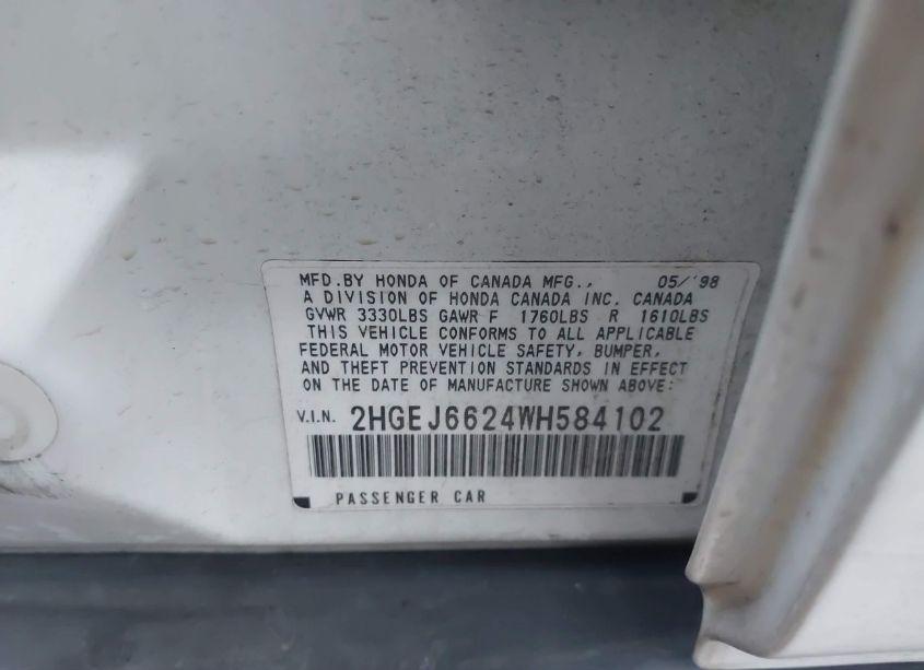 Photo 9 of 1998 Honda Civic DX (VIN 2HGEJ6624WH584102)