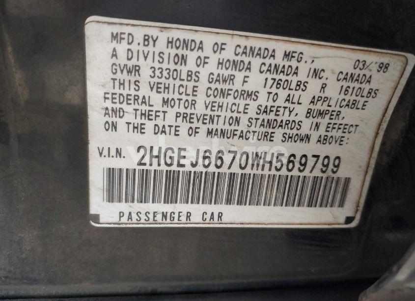 Photo 9 of 1998 Honda Civic LX (VIN 2HGEJ6670WH569799)