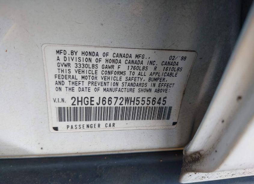 Photo 9 of 1998 Honda Civic LX (VIN 2HGEJ6672WH555645)