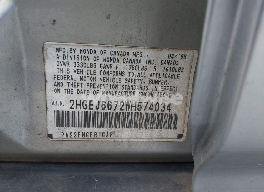 Photo 9 of 1998 Honda Civic LX (VIN 2HGEJ6672WH574034)