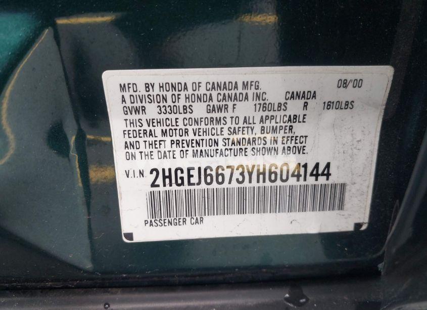 Photo 9 of 2000 Honda Civic LX (VIN 2HGEJ6673YH604144)