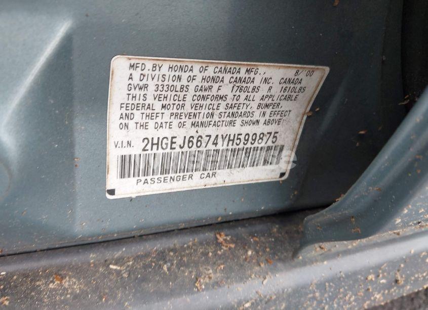 Photo 9 of 2000 Honda Civic LX (VIN 2HGEJ6674YH599875)