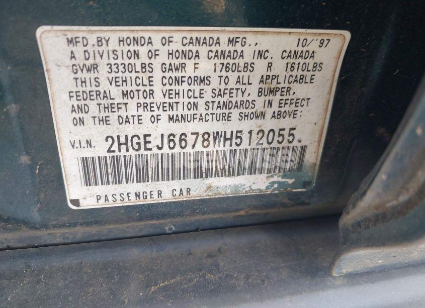 Photo 9 of 1998 Honda Civic LX (VIN 2HGEJ6678WH512055)