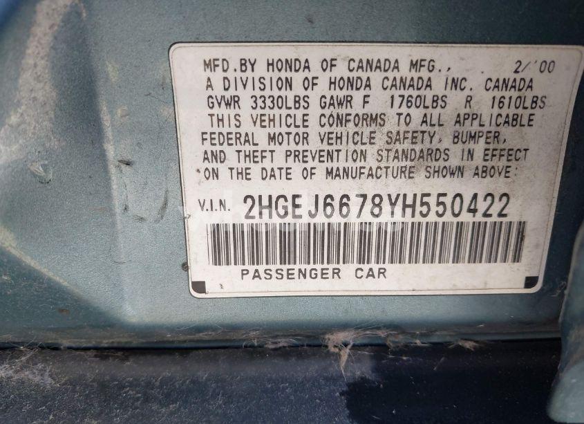 Photo 9 of 2000 Honda Civic LX (VIN 2HGEJ6678YH550422)