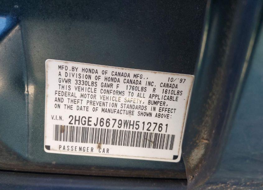 Photo 9 of 1998 Honda Civic LX (VIN 2HGEJ6679WH512761)