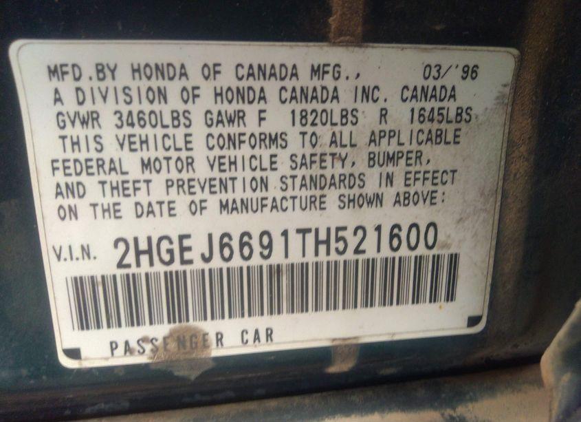 Photo 9 of 1996 Honda Civic LX (VIN 2HGEJ6691TH521600)